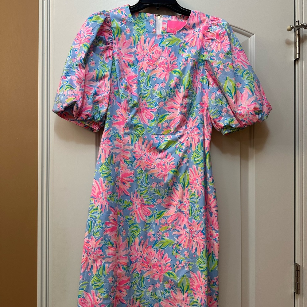 Lilly Pulitzer Roni Pink Floral Puff-Sleeve Mini Dress on Blue